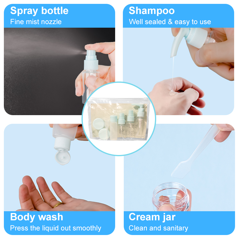 Plastic Cosmetic Bottle Set 11pcs Reusable Travel Toiletries Empty Spray Pump Flip Cap Supplier Plastic Cosmetic Bottle Set 11pcs Reusable Travel Toiletries Empty Spray Pump Flip Cap Supplier
