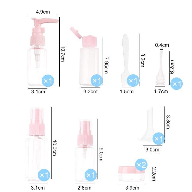 Plastic Cosmetic Bottle Set 11pcs Reusable Travel Toiletries Empty Spray Pump Flip Cap Supplier