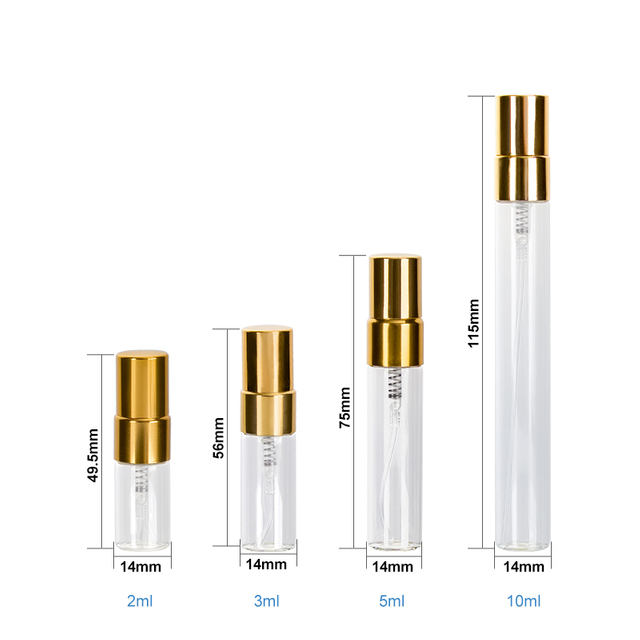 2ml 3ml 5ml 10ml Travel Pocket Size Empty Glass Spray Perfume Bottle with Gold Aluminum Cap Factory